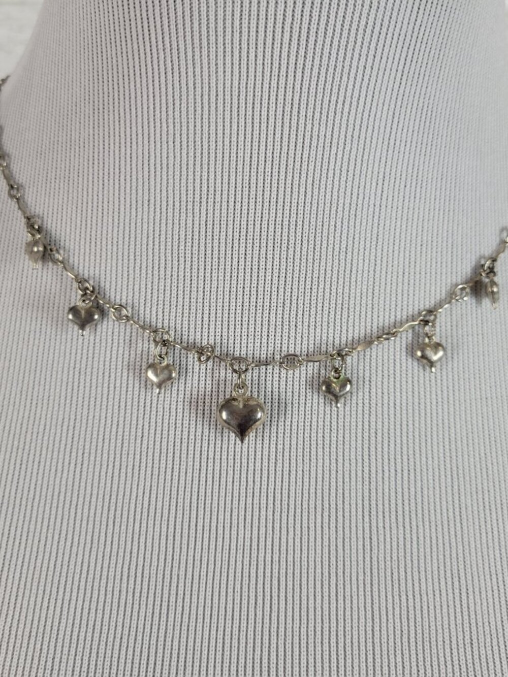 Silver Tone Multi Heart Charm Dangle Chain Necklace Adjustable 18"-19" N12E